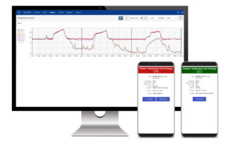 Cooltrax TempTracker Reporting Interface on a desktop and two mobile phones.