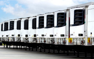 Row of white reefer trailers sitting in a truck yard.