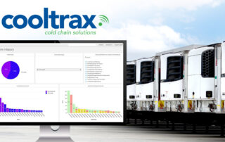 Cooltrax logo above Fresh InTransit screen with reefer trailers in the background