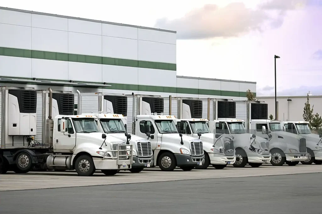 Reefer trucks lined up outside a warehouse distribution center