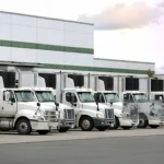 Reefer trucks lined up outside a warehouse distribution center