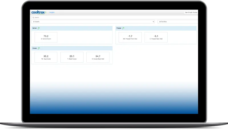 Cooltrax storage room temperature dashboard on laptop