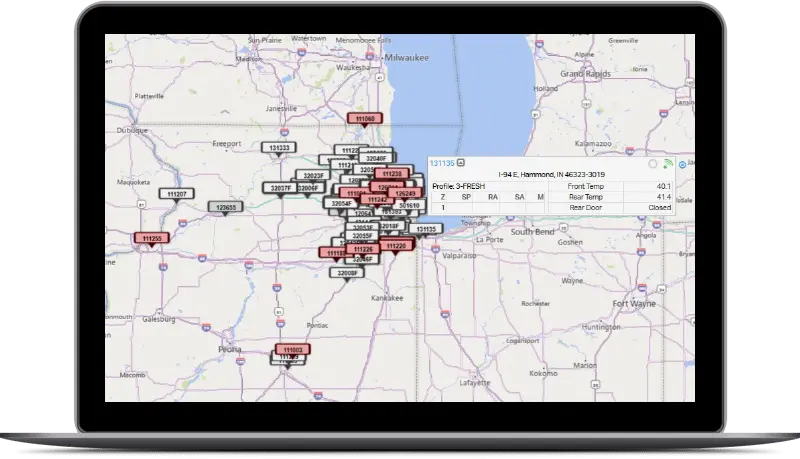 Cooltrax Assets on a map screen on a laptop